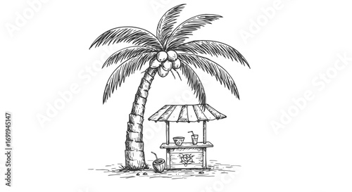 Tropical Beach Hut with Palm Tree and Drinks.