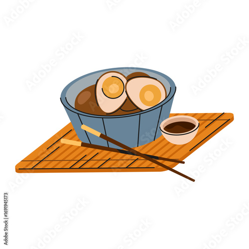 Chinese soy egg or Asian traditional street food. Vector marinated meal with soy sauce. Aromatic broth with spices. China meal icon or festive dish sign. Culinary and cooking, gastronomy and nutrition