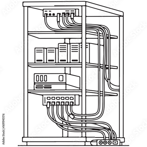 Network server rack illustration, data center network rack with servers and cables