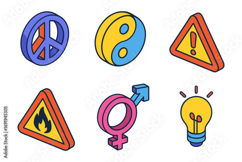 Colorful isometric symbols: peace, yin yang, warning, fire, gender, idea