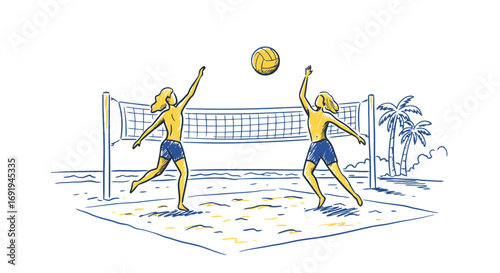 Two women playing beach volleyball.