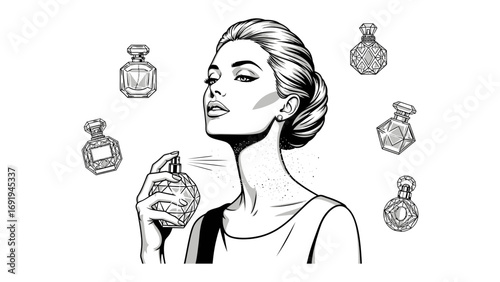 Elegant woman with vintage perfume bottles surrounding her head holding a spray bottle in a classic sketch art style