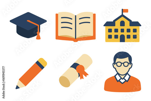 Educational icon set featuring graduation cap, school building, diploma, and student elements