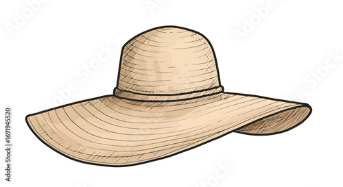 Wide brim sun hat beige color summer fashion accessory.