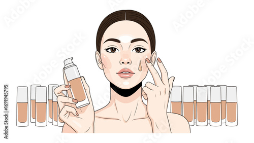 Close up of a beautiful young woman applying liquid foundation makeup to her face with a bottle in her hand and many bottles lined up behind her