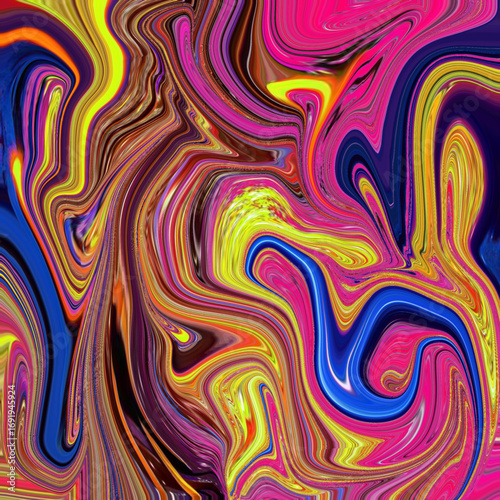 Colorful fluid art swirl with golden highlights, abstract psychedelic design, vibrant background, neon liquid movement, and retro painting effect.