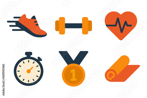 Fitness and wellness icons: running, dumbbell, heartbeat, stopwatch, medal, yoga mat