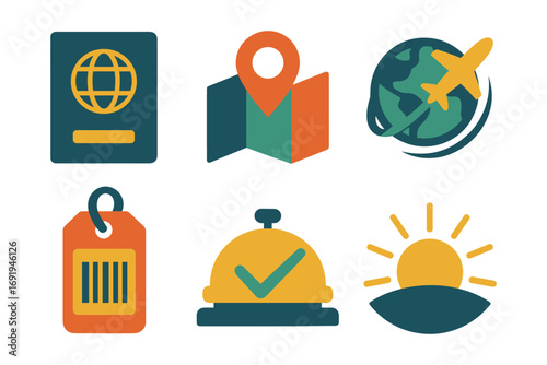 Colorful travel icons: passport, maps, globe, airplane, luggage, tourism elements
