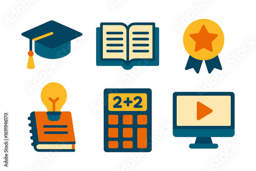 Colorful educational icons set: graduation, books, achievement, learning tools