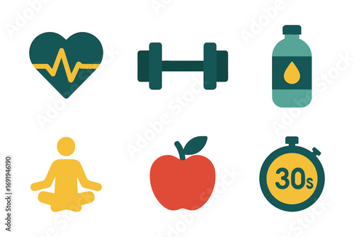 Healthy lifestyle icons: meditation, fitness, nutrition, wellness, and exercise