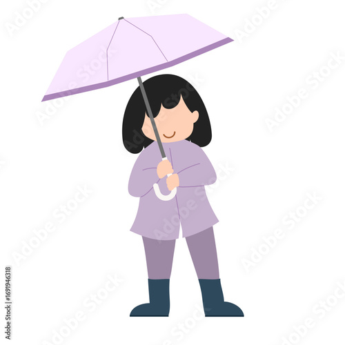 Hand drawn illustration during the rainy season with a girl wearing a raincoat and holding an umbrella