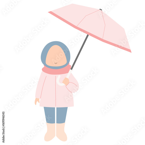 Hand drawn illustration during the rainy season with a girl wearing a raincoat and holding an umbrella