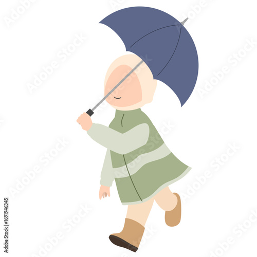 Hand drawn illustration during the rainy season with a girl wearing a raincoat and holding an umbrella
