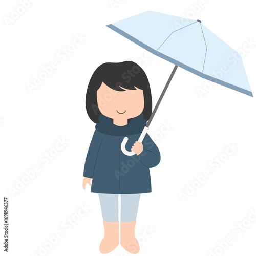 Hand drawn illustration during the rainy season with a girl wearing a raincoat and holding an umbrella