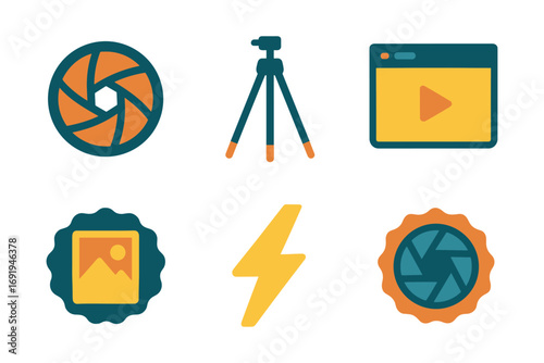 Photography and video equipment icons in flat design style
