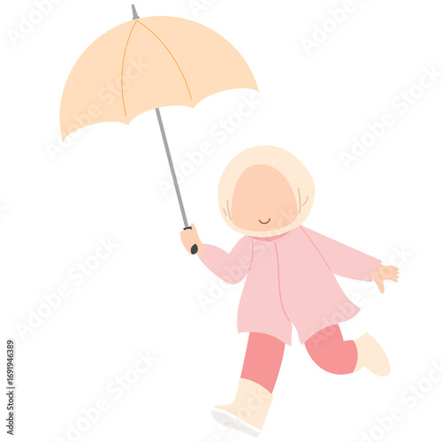 Hand drawn illustration during the rainy season with a girl wearing a raincoat and holding an umbrella