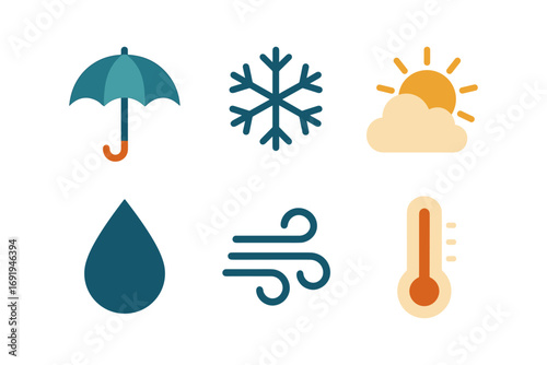 Weather symbols set: umbrella, snowflake, sun, raindrop, wind, thermometer icons