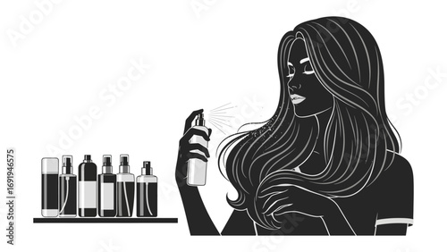 Elegant silhouette of a woman with long flowing hair applying hairspray from a bottle with a shelf of beauty products in the background