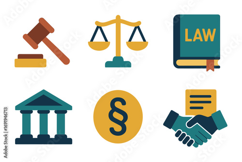 Law and justice icons: flat style gavel, scales, book, court, paragraph, handshake