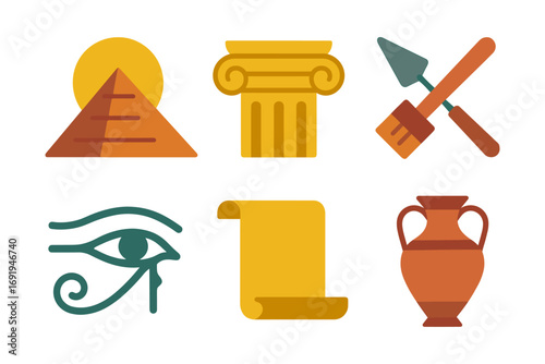 Ancient egyptian icon set featuring pyramid, scroll, and hieroglyphs