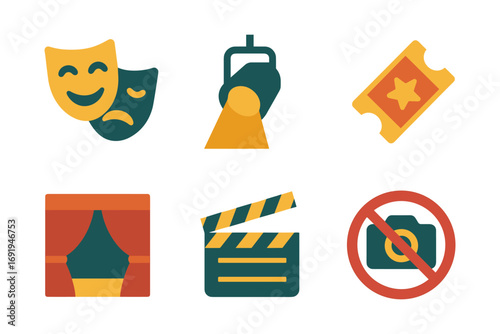 Theater and cinema essentials: masks, spotlight, ticket, stage, clapboard, no camera icon set