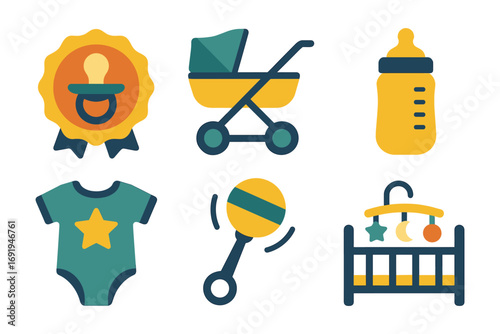Baby essentials icon set featuring stroller, bottle, and pacifier in flat design