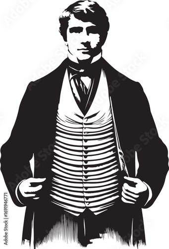 The image is a stylized black and white illustration of a man dressed in 19th-century attire, possibly a portrait or a character design, emphasizing strong lines and contrasting tones.