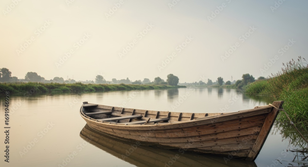 Obraz premium Serene waters, A vintage wooden boat resting peacefully on a calm river