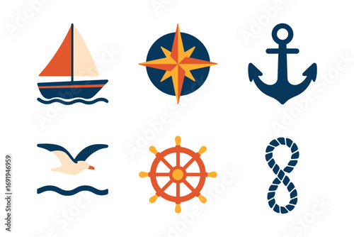 Nautical icons collection featuring anchor, sailboat, and compass in flat design