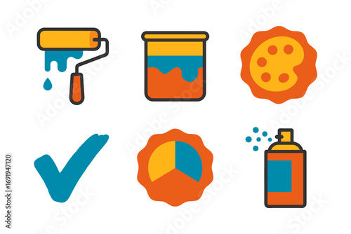 Colorful paint and decoration icons set with flat design elements