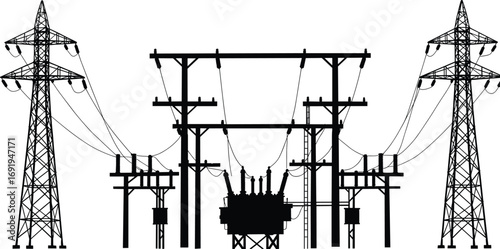 Electric substation with power transformers, utility poles, transmission towers, high voltage wires, energy infrastructure, electricity distribution, industrial silhouette, grid system