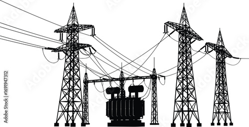 High voltage electrical substation, power transformers, transmission towers, energy distribution, electricity grid, utility infrastructure, industrial silhouette, black and white