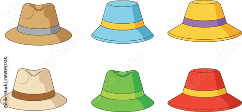 Colorful Fedora and Sun Hats Collection in Flat Style – Stylish Fashion Accessories for Summer, Travel, Costume, or Vector Design