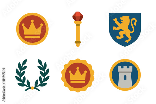 Medieval heraldry collection with crown, scepter, lion, and castle symbols