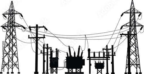 Electric substation with power transformers, utility poles, transmission towers, high voltage wires, energy infrastructure, electricity distribution, industrial silhouette, grid system