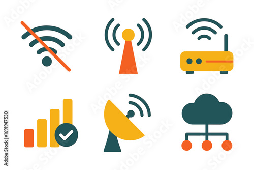 Colorful tech icons: wifi, signal, router, and cloud networks