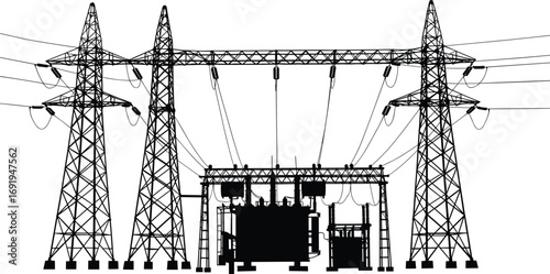 High voltage electrical substation, power transformers, transmission towers, energy distribution, electricity grid, utility infrastructure, industrial silhouette, black and white