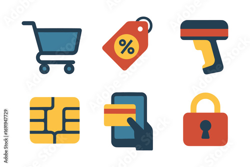 E-commerce essentials: shopping cart, discount tag, barcode reader, chip, credit card, lock