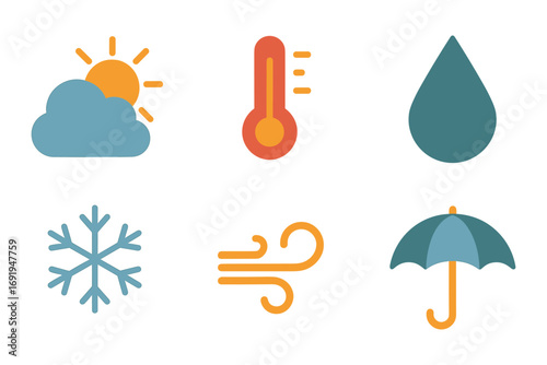 Weather icons set with sun, cloud, thermometer, raindrop, snowflake, wind, umbrella in flat style