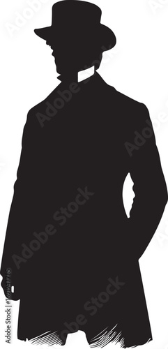 The image shows a black silhouette of a man wearing a hat and what looks like a clerical collar, his right hand in his pocket, standing in profile view from his left side.