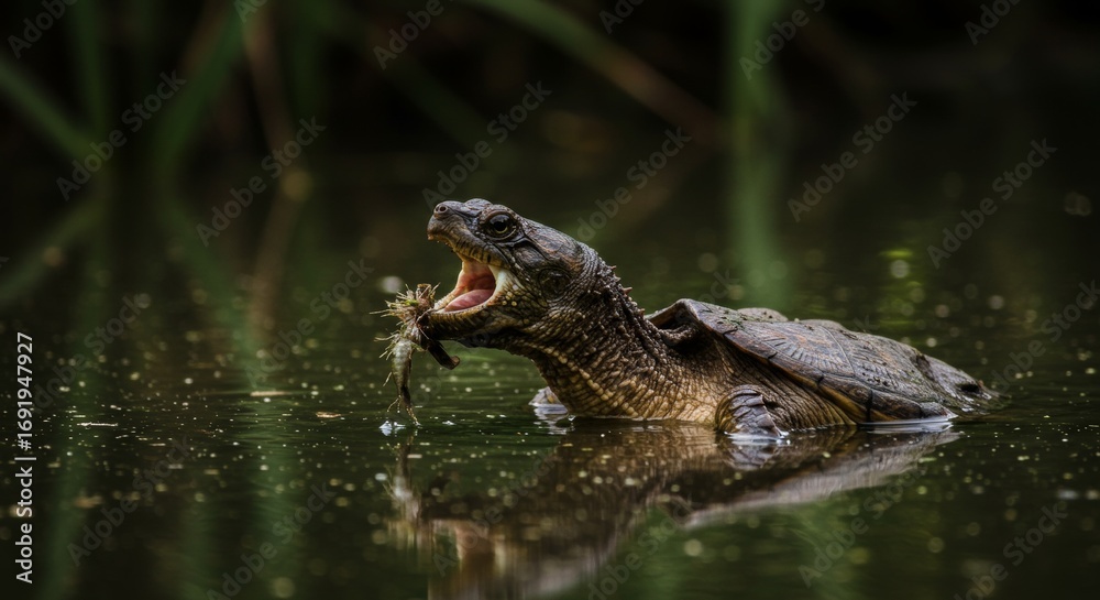 Obraz premium A Snapping Turtle's Lunch, Capturing Nature's Raw Beauty in a Single Frame