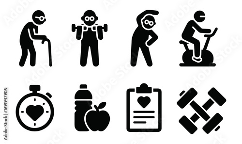 Active lifestyle icons for seniors: fitness exercise and health symbols