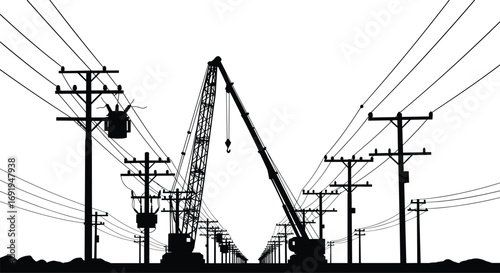 Silhouette of construction crane and power lines, electrical towers, utility poles, industrial infrastructure, energy transmission, urban development scene