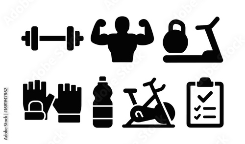 Fitness equipment icons: gym essentials in bold silhouette style