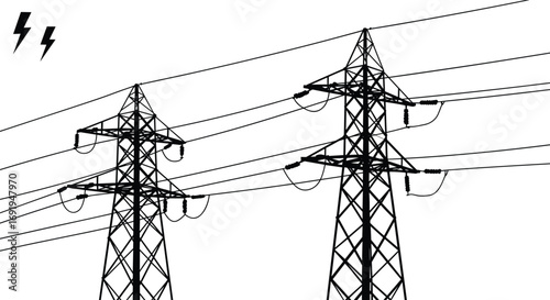 High voltage power transmission towers, electricity pylons, energy distribution lines, electric grid infrastructure, black and white silhouette, industrial background
