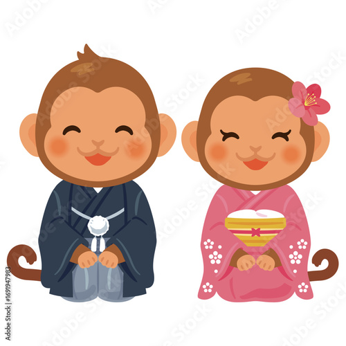 晴れ姿で笑顔な申年のキャラクター　男女