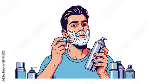 Man applying shaving cream with a brush to his beard while holding a can of shaving foam surrounded by grooming products