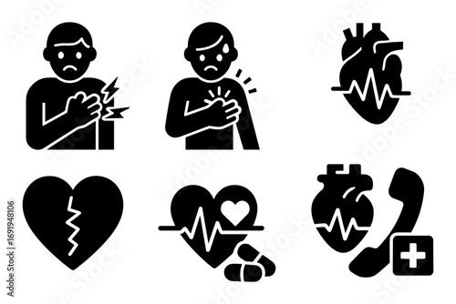 Heart attack symptoms icons collection in flat style