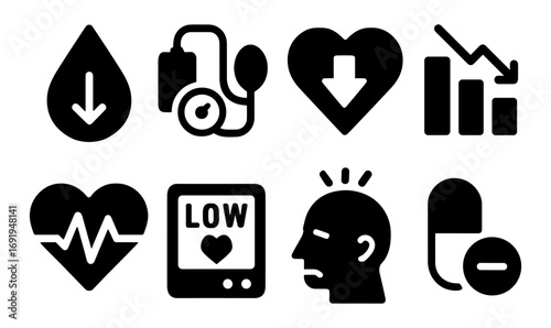 Health and wellness icons set featuring heart, blood pressure, and fitness symbols