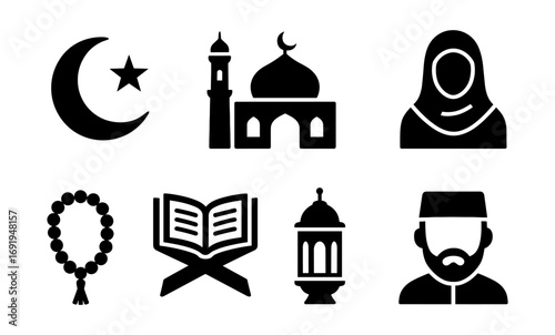 Islamic symbols set: mosque, crescent moon, prayer beads, quran, lantern, traditional attire